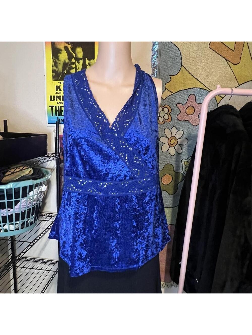 Vintage Avon Plus Size Royal Blue Crushed Velvet Tank Top